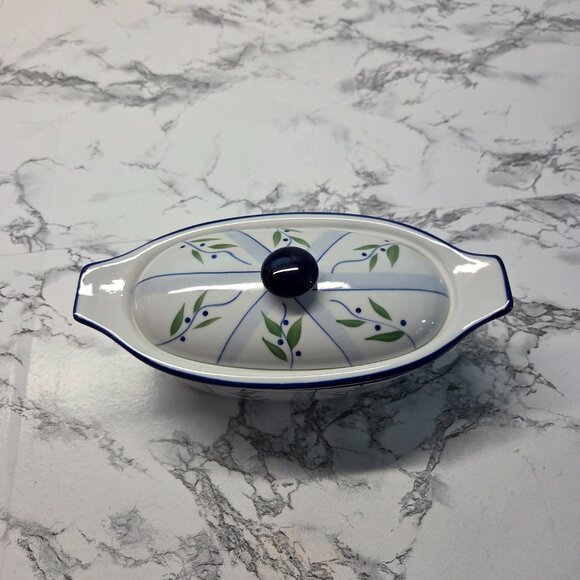 Butter Boat Cook Street Inc. Oval Boat With Insert / Lid Floral Striped - Picture 2 of 12